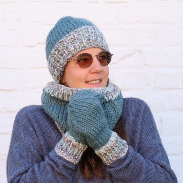 Knit accessories pattern, chunky knit hat, easy knit cowl & quick mittens knitting pattern, quick and easy winter knitting pattern, chunky