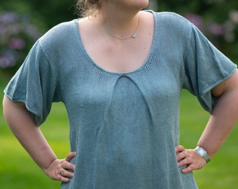Summer top pattern for women, summer top knitting pattern with scooped round neck and flurry sleeves, XS to 5XL easy women top pattern, PDF