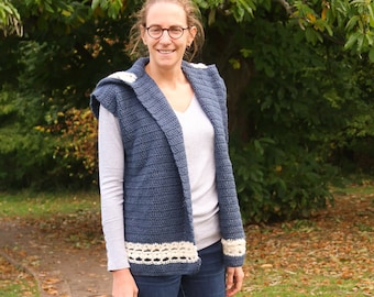 Crochet vest pattern, hooded vest, simple women's crochet pattern, everyday classic, easy fall crochet pattern, modern hooded vest pattern