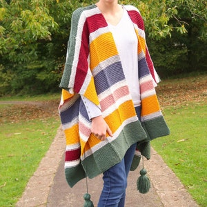 Cozy knit poncho, easy poncho knitting pattern, one size knit poncho pattern, striped women&#39;s poncho, beginner pattern, wearable blanket PDF