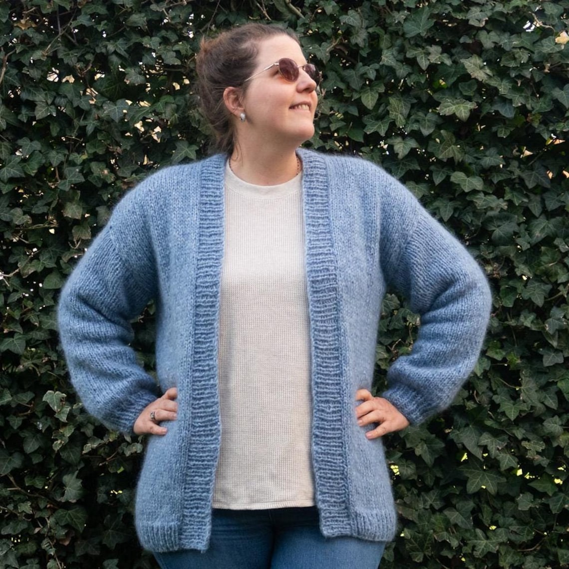 Open Front Mixed Checkered Pattern Knit Cardigan