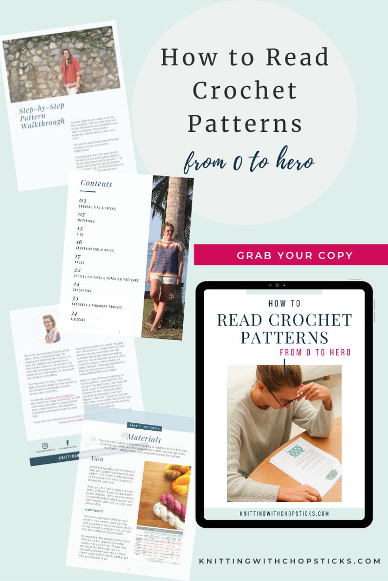 How to Read Crochet Patterns ebook, learn to read crochet pattern, beginner guide to crochet, gauge, ease, abbreviations, step by step image 6