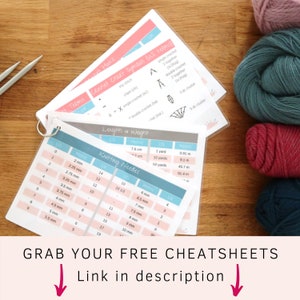 May include: Close-up of two crochet and knitting cheat sheets with a pink, teal, and red yarn balls on a wooden surface. The cheat sheets include crochet stitch symbols, knitting needle sizes, and yarn weight conversions. The text on the cheat sheets reads "Crochet Chart Symbols (US terms)", "Length & Weight", and "Knitting Needles".