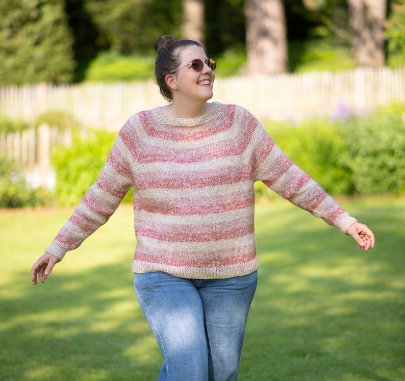 Gestreifter Pullover Raglan Strickmuster, Herbst Pullover Strickmuster für Frauen, dk Garn Mohair Strickmuster Frauen Bild 2