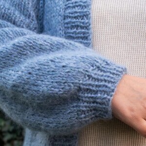 May include: A soft, blue knitted cardigan with a fluffy texture. The cardigan has a button-up front and long sleeves.