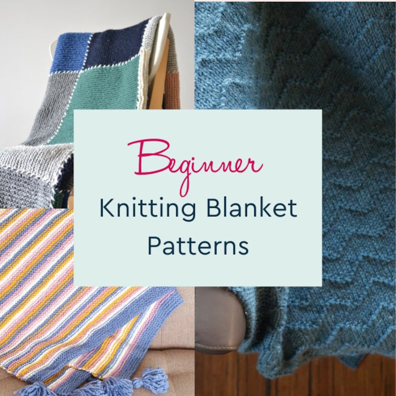 Beginner Knitting Blanket Pattern set, 3 easy knitting blanket patterns, beginner knit throw pattern, blanket knitting patterns for beginner image 1