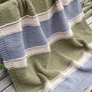 May include: A hand-knitted blanket featuring horizontal stripes in sage green, dusty blue, and cream. The design incorporates alternating sections of stockinette stitch and textured garter stitch borders, with small raised bobble details along the cream stripes.