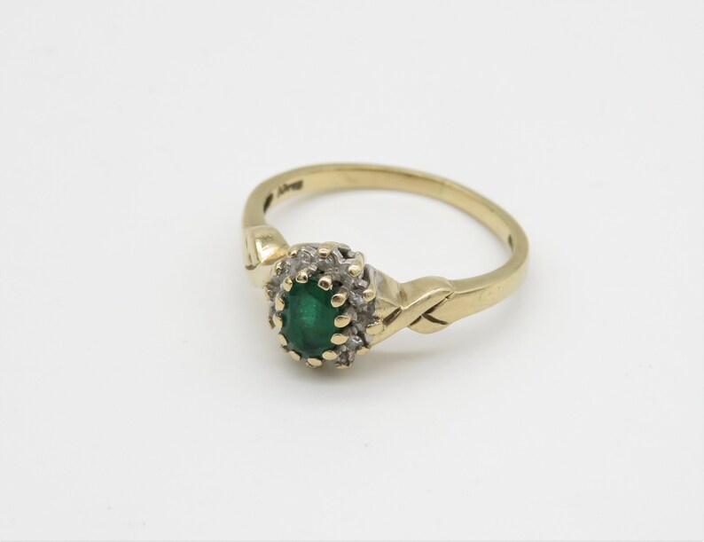 Ring Size UK M USA 6 14 Vintage 9ct Yellow Gold Oval Emerald and Diamond Ring