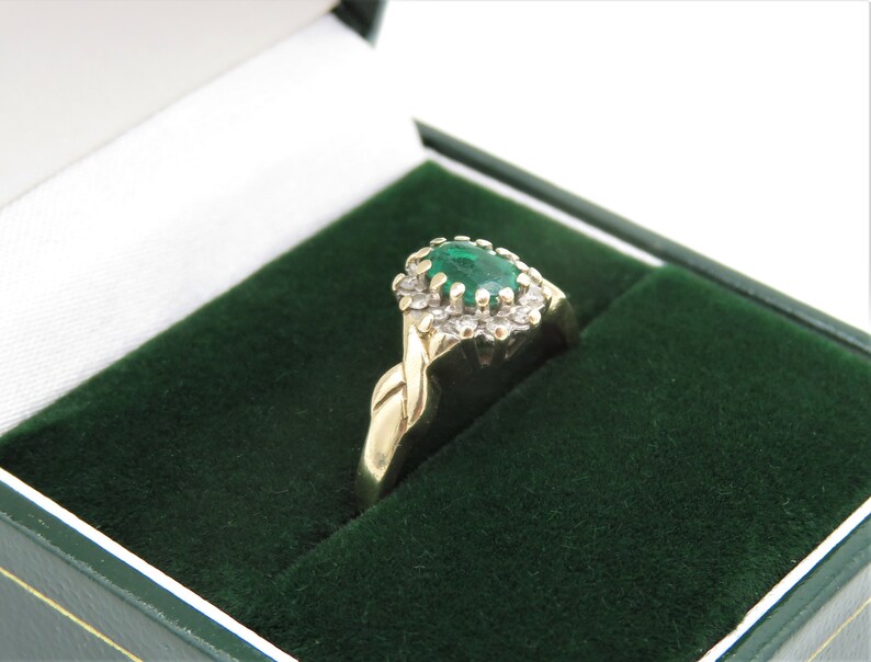 Ring Size UK M USA 6 14 Vintage 9ct Yellow Gold Oval Emerald and Diamond Ring