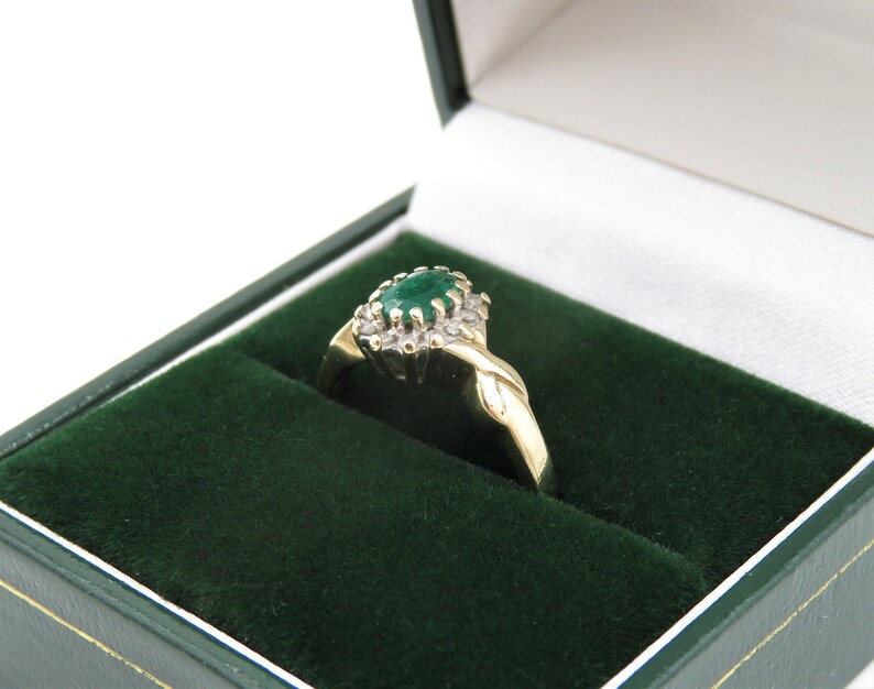 Ring Size UK M USA 6 14 Vintage 9ct Yellow Gold Oval Emerald and Diamond Ring