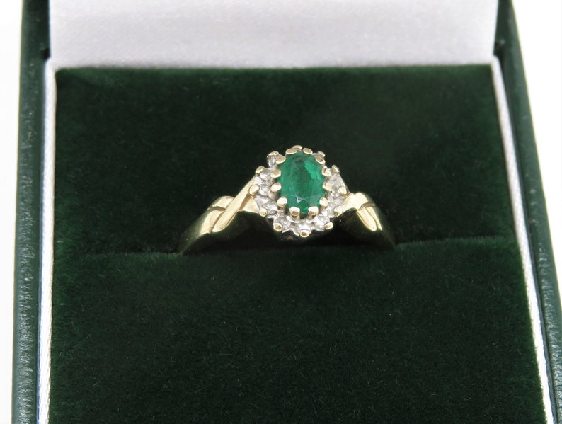 Ring Size UK M USA 6 14 Vintage 9ct Yellow Gold Oval Emerald and Diamond Ring