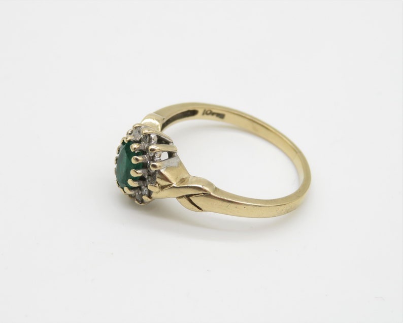 Ring Size UK M USA 6 14 Vintage 9ct Yellow Gold Oval Emerald and Diamond Ring