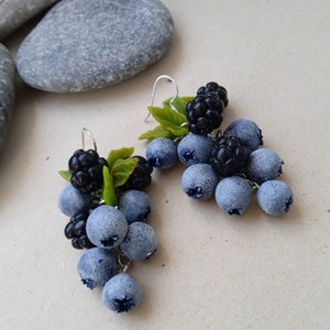 Earrings Black Blackberry Blueberry - Polymer Clay Berries - Birthday Accessories - Mother's Day Gift for Women Gift for Her Berry Earrings