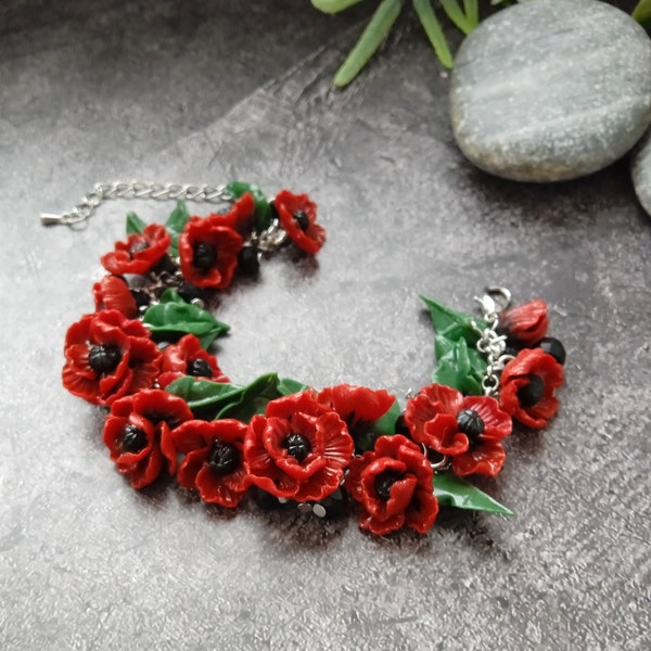 Bracelet coquelicot rouge fleurs en pâte polymère accessoires anniversaire - cadeau fête des mères pour femme rouge noir cadeau pour elle bracelet fleur