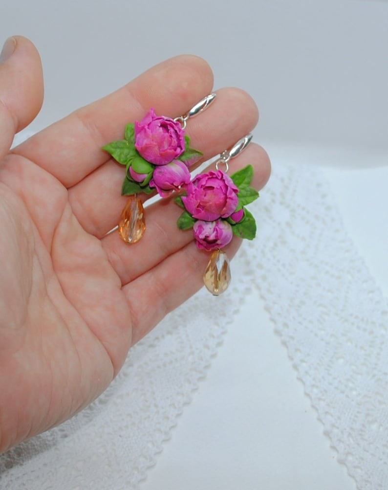 Earrings-Bracelet-Gift for Women Pink Peony Flower Set Set Pink Peony 2 Items-Polymer Clay Flowers-Birthday Accessories