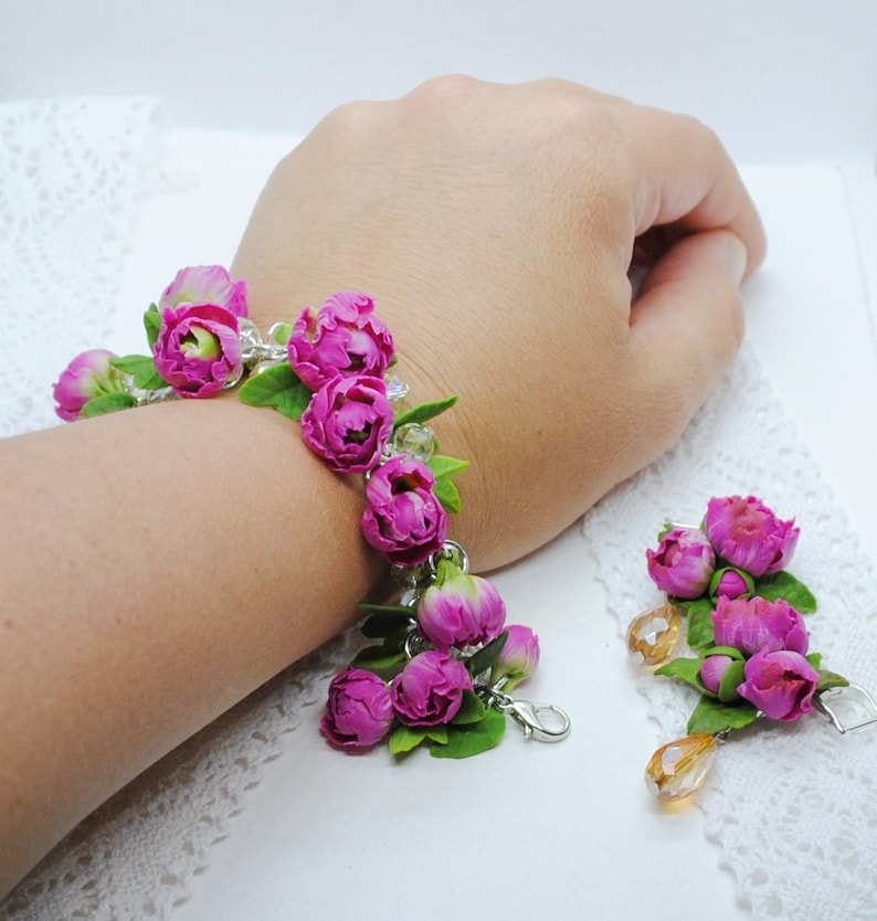 Earrings-Bracelet-Gift for Women Pink Peony Flower Set Set Pink Peony 2 Items-Polymer Clay Flowers-Birthday Accessories