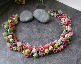 Women&#39;s necklace &quot;Raspberry branch&quot; Ripe raspberry, Flowers, Polymer clay Berry-Accessory-Jewellery Gift for her - Raspberry necklace