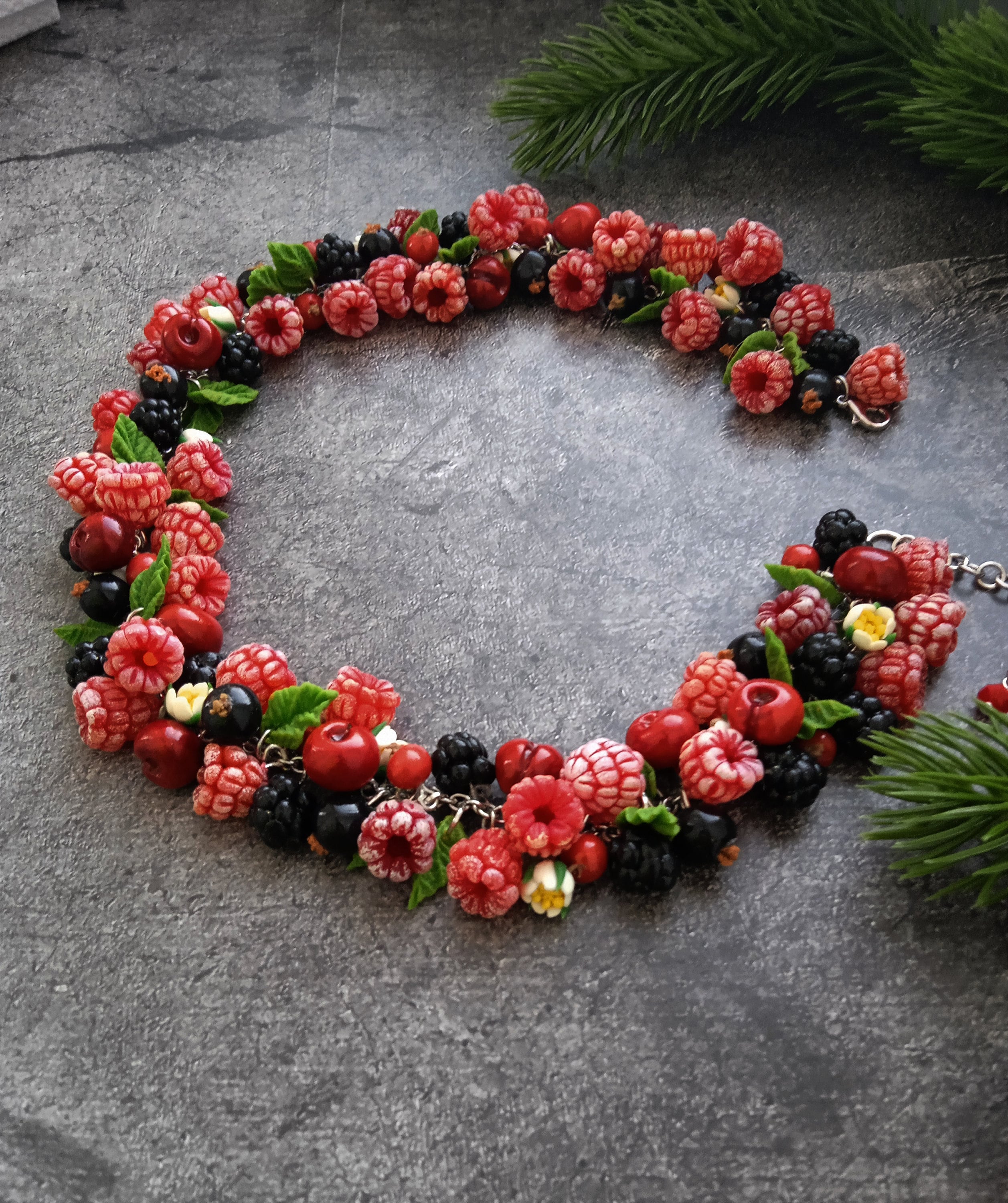 Women Mix of Berries Necklace Raspberry Blueberry Currant-Polymer Clay Berry-Accessory-Jewelry Gift For Her Raspberry cloudberry Necklace