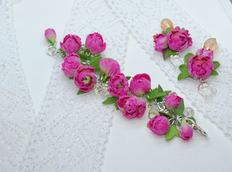 Earrings-Bracelet-Gift for Women Pink Peony Flower Set Set Pink Peony 2 Items-Polymer Clay Flowers-Birthday Accessories