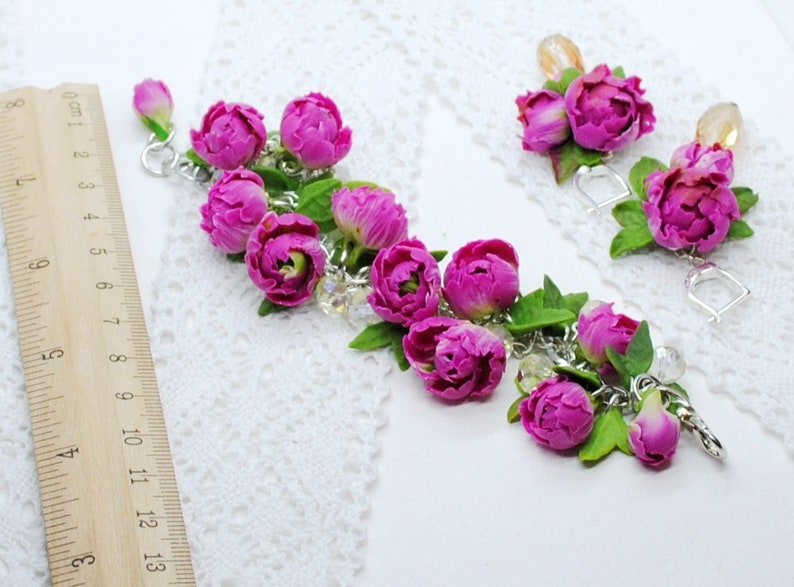 Earrings-Bracelet-Gift for Women Pink Peony Flower Set Set Pink Peony 2 Items-Polymer Clay Flowers-Birthday Accessories