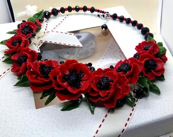 Damen Halskette Rote Mohnblumen - Polymer Clay Blumen - Accessoire - Schmuck Geschenk für Sie Mohnhalskette - Party Halskette