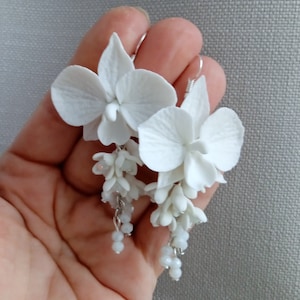 Earrings White Orchid  - Polymer Clay Flowers - Birthday Accessories - Mother&#39;s Day Gift for Women White Gift for Her Orchid Flower Earrings