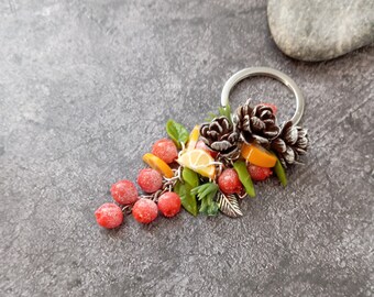 Keychain mix berries tangerine cones - Accessory - Berries made of polymer clay - For her - Christmas keychain - Red orange keychain