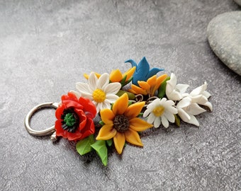 Schlüsselanhänger Wildblumen - Polymer Clay Blume - Geburtstagsgeschenk - Muttertag - Kamille Mohn Bluebell Sonnenblume Schlüsselanhänger - Blume Schlüsselanhänger