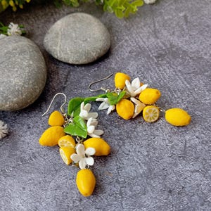 Brincos limão Citrus Mandarim-Flores de argila de polímero-Acessórios de aniversário-Presente de dia das mães para mulheres Laranja Fruta Presente para ela Flor limão