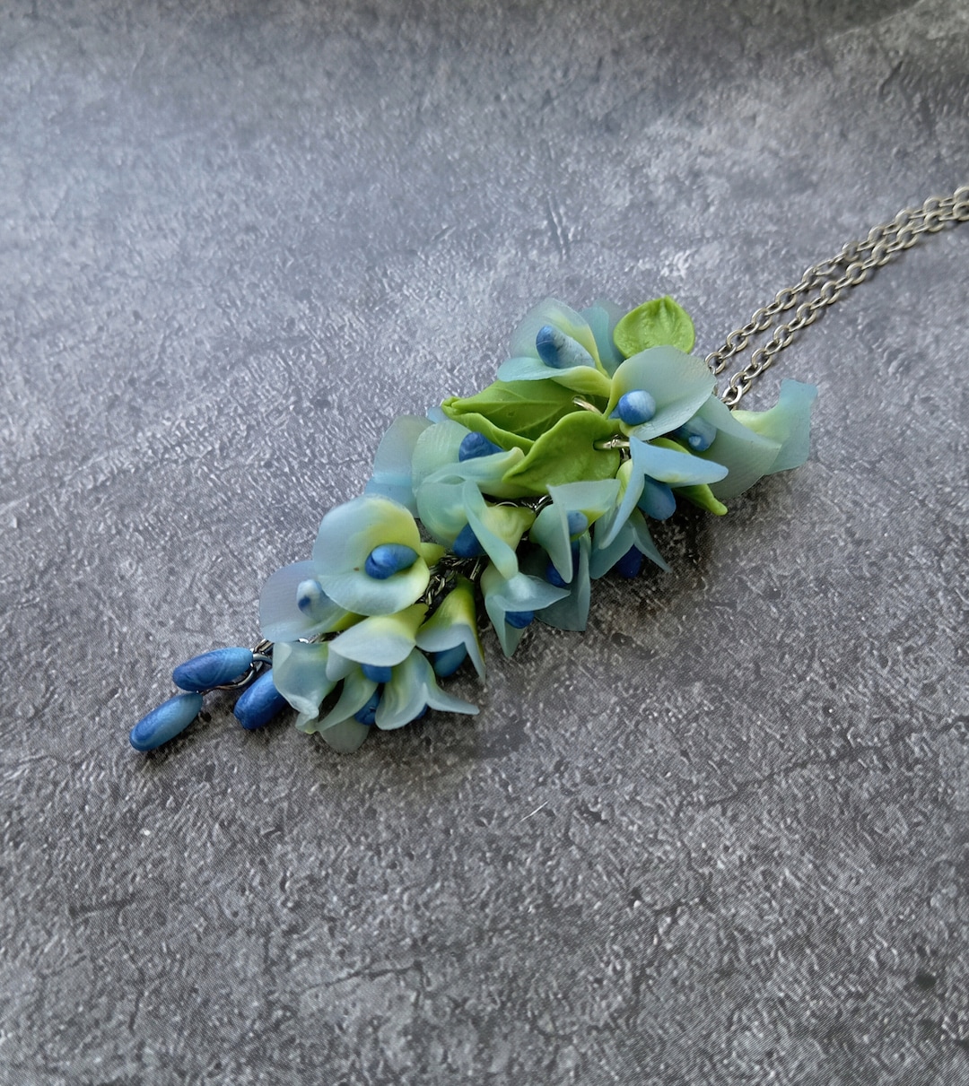 Pendant Delicate Blue Wisteria polymer Clay Flowers Birthday