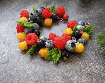 Women Mix of Berries Bracelet Raspberry Blueberry Currant-Polymer Clay Berry-Accessory-Jewelry Gift For Her Raspberry  cloudberry Bracelet