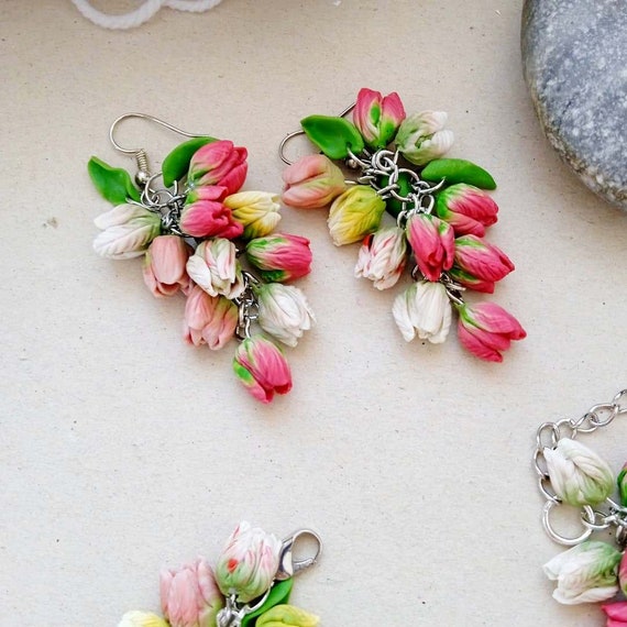 Earrings White Pink Tulips -polymer Clay Flowers -birthday  display picture 1