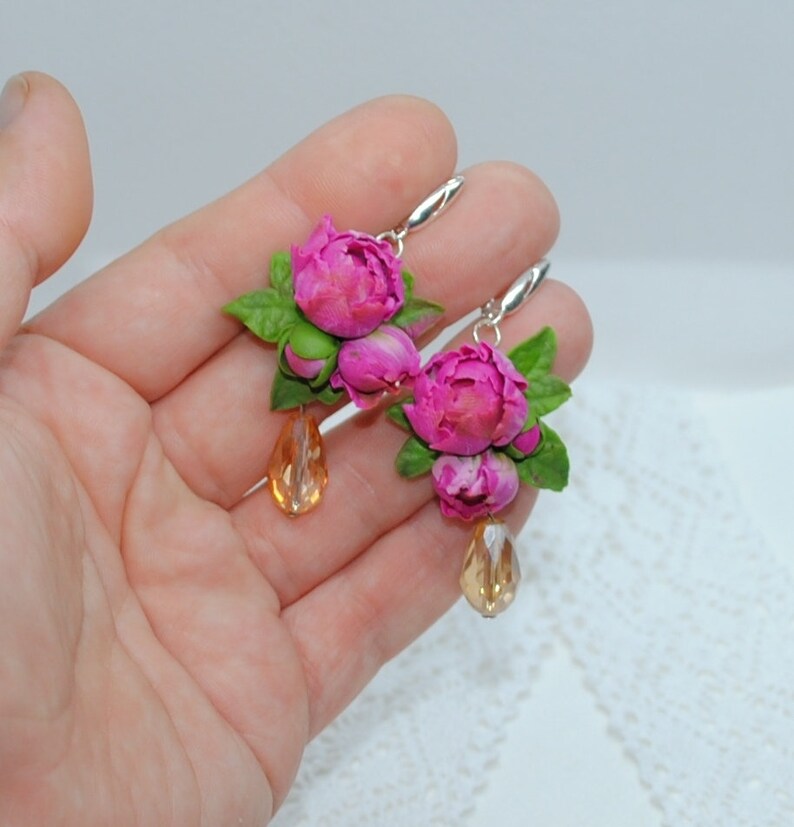 Earrings-Bracelet-Gift for Women Pink Peony Flower Set Set Pink Peony 2 Items-Polymer Clay Flowers-Birthday Accessories