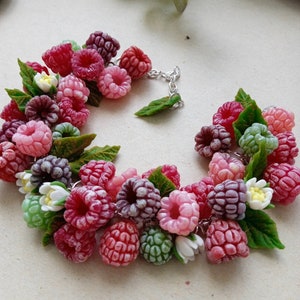 Women Berry Bracelet Raspberry Blackberry Cherry. Made of polymer clay. Color upon request.