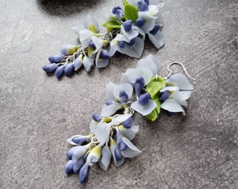 Earrings Delicate wisteria  - polymer clay flowers -birthday accessories -universal earrings - a gift for her- cluster earrings- blueflowers