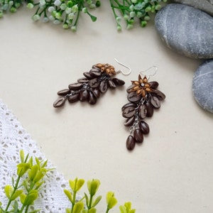 Earrings Spice Coffee Star Anise - Polymer Clay Flowers - Birthday Accessories - Mother's Day Gift for Women Brown Chocolate Coffee