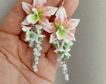 EarringsWhite Pink Orchid  - Polymer Clay Flowers - Birthday Accessories - Mother's Day Gift for Women White Gift for Her Orchid Flower