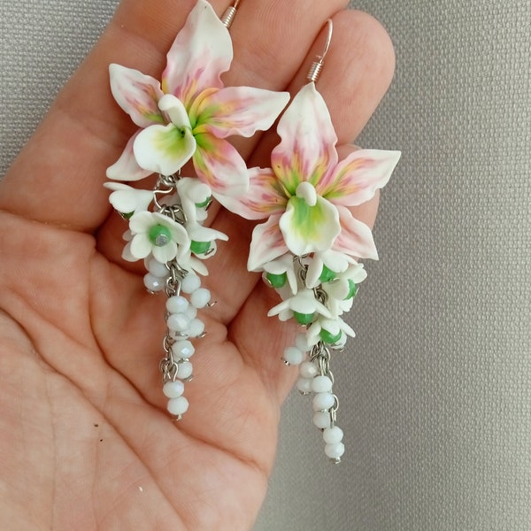 EarringsWhite Pink Orchid  - Polymer Clay Flowers - Birthday Accessories - Mother's Day Gift for Women White Gift for Her Orchid Flower