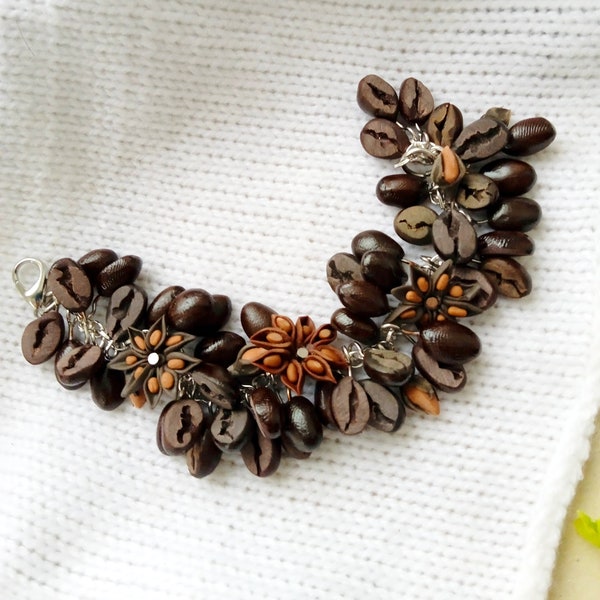 Coffee bracelet  carnation star anise -Polymer Clay Flowers -Birthday Accessory -Mother's Day Gift For Her coffee chocolate spices