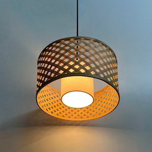MUSHROOM Bamboo Pendant Lamp [Small] by Mianzi: Wicker Light with Hanging Shade with a Minimal Woven design; Handmade by Heritage Artisans