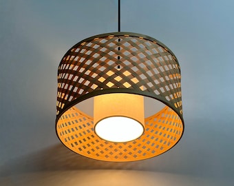 MUSHROOM Bamboo Pendant Lamp [Small] by Mianzi: Wicker Light with Hanging Shade with a Minimal Woven design; Handmade by Heritage Artisans