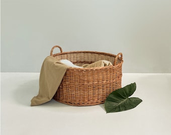 Wicker Basket | Minimal Bohemian Woven Storage Basket | Small Container Basket With Handles Organizer Books Clothes Laundry and Pets
