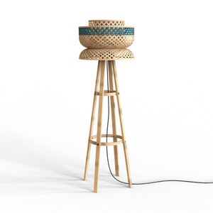 Bamboo Floor Lamp Wicker Light Handmade Sustainable Minimal Bohemian Woven Ambient Shade for Living Bedroom Bathroom in Color Orange