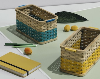 Decorative Bamboo Basket Minimal Bohemian Woven Storage Container Box With Handles Study Desk Organizer- Books Pen Pencil in Color