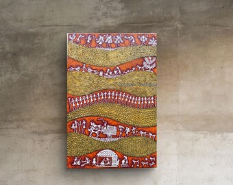 Tela con texture artistica Warli, dipinto artigianale raffigurante la vita di un villaggio indiano.