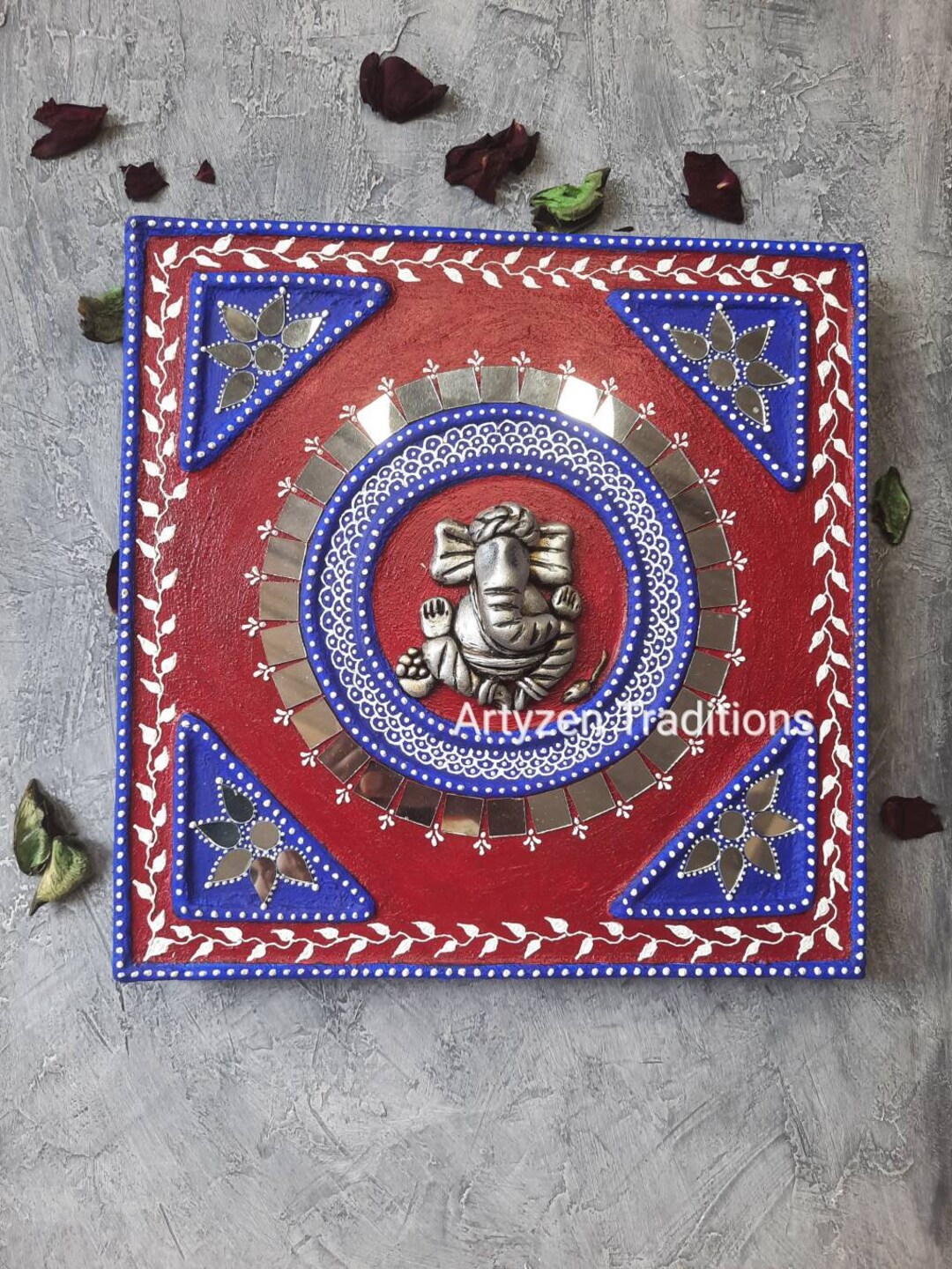 Traditional Mud Mirror Lippan Art Wall Hanging With Ganesh Clay Idol