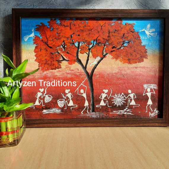 Warli Art Depicting Tree of Life on Stretched Canvas Board Using