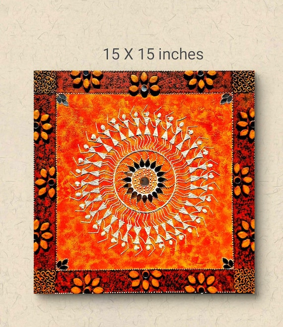 Warli Tribal Dance Painting With Lippan Art Mirror Border: India