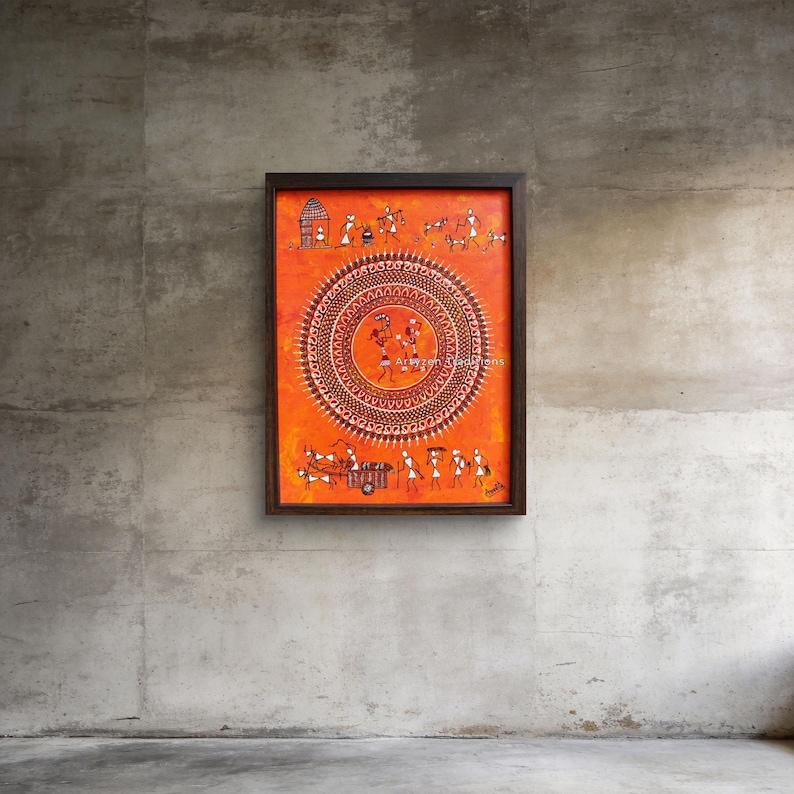 Quadro tribale Warli arancione su tela, incorniciato, arte popolare indiana immagine 2
