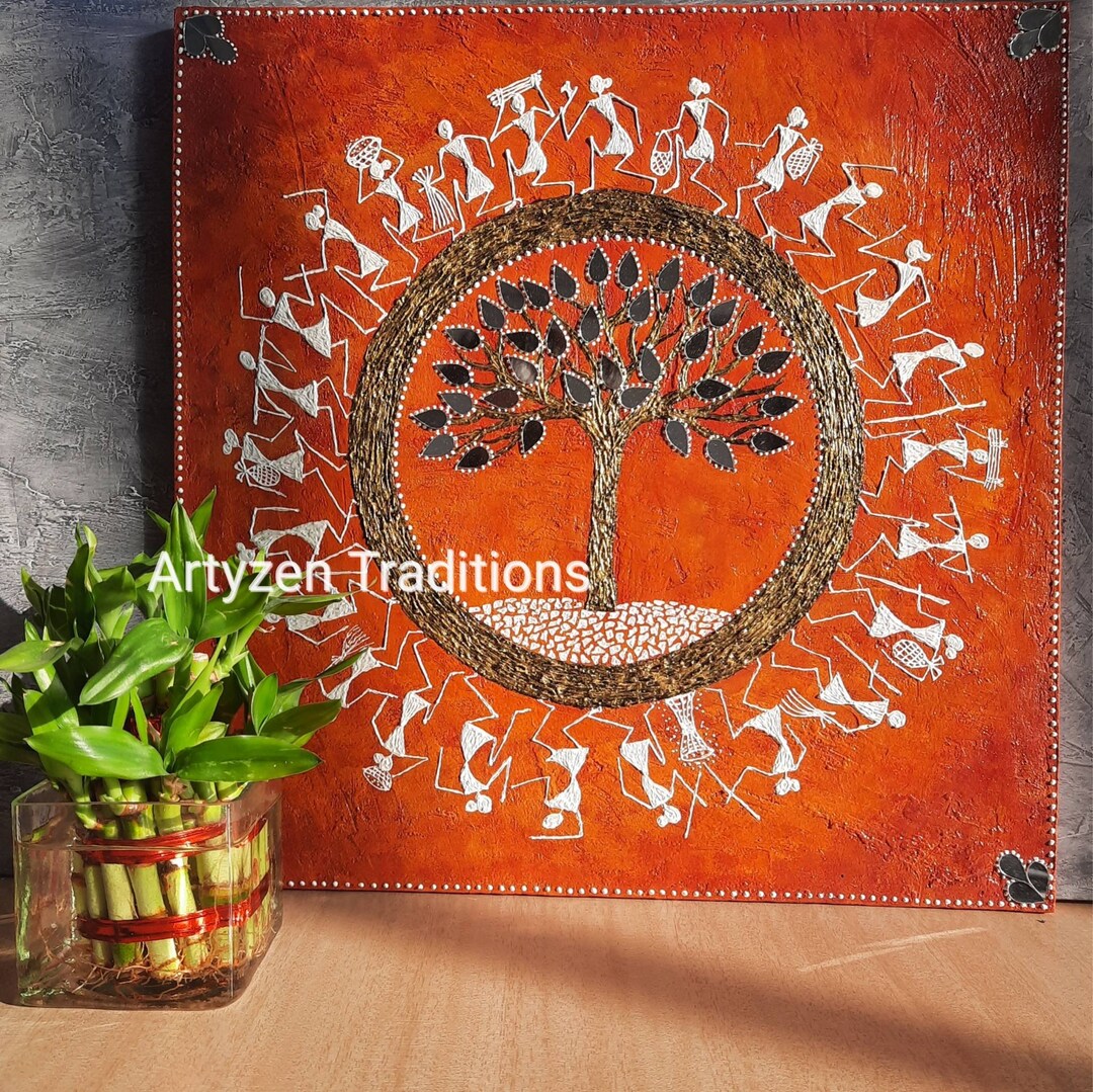 Textured Tree of Life Wall Art With India Folk Warli Art Etsy